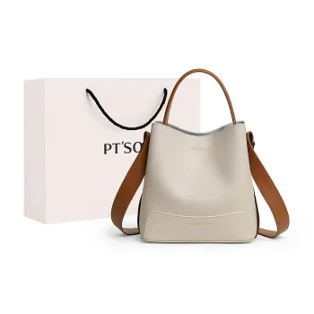 PT'SON Cow Leather With Synthetic Leather Bucket Bag, One Shoulder Handbag Regular Women's Ecru