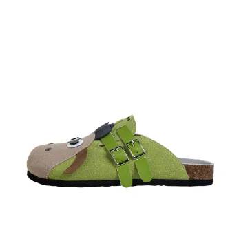 MINGKUANG Rubber Sole Stitching Leather Patchwork Slip Resistant Closed Toe Slippers Women's Green