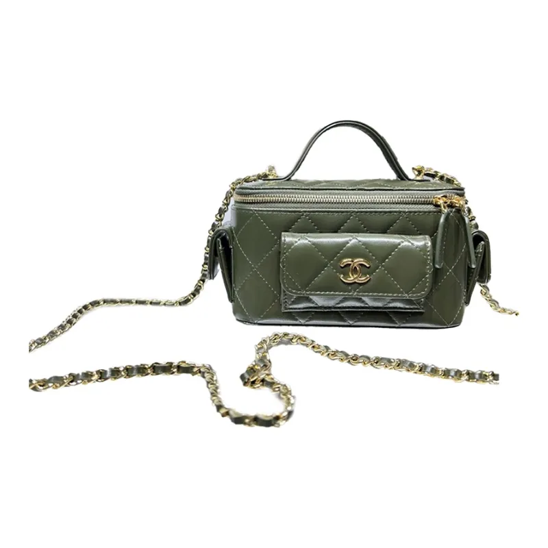 CHANEL Sheepskin And Gold Metal Makeup Bag, Handbag, Shoulder Bag, Crossbody Bag Women's Green-0