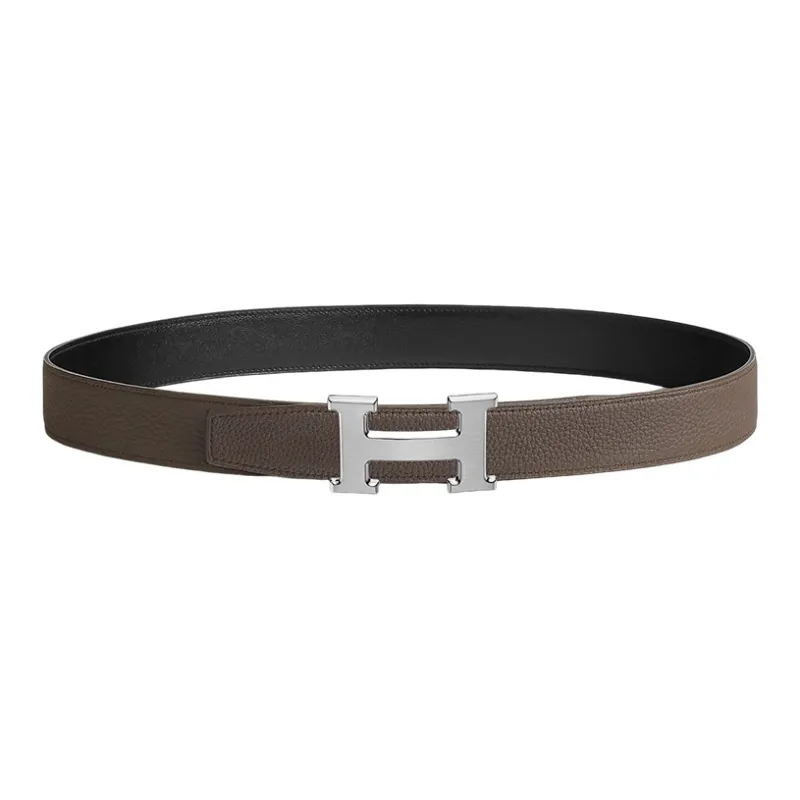 HERMES Calfskin Belt Men's Black/Tin Gray Width: 3.2cm-1