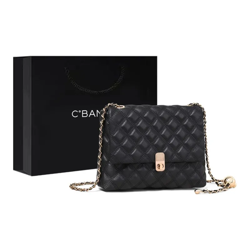 C°BANNER Cow Leather Small Square Bag With Diamond Pattern, Chain Bag, Crossbody Bag Regular Women's Black-11