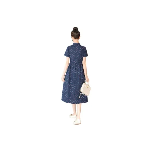 Cypress House Short-Sleeved Dresses Women's Navy Blue With Red Flowers