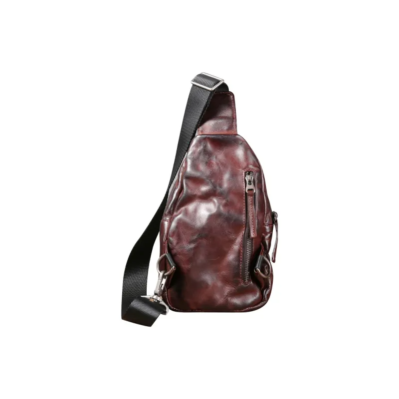 DOSRFINI Top Grain Vegetable Tanned Cow Leather Sling Bag Regular Men's Black/Dark Coffee-5
