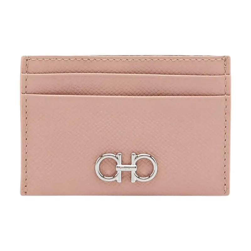 FERRAGAMO GANCINI Stamped Calfskin Card Holder Women's Blush Pink-0