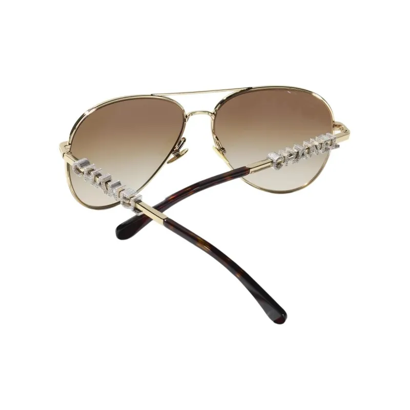 CHANEL Metal Zirconia Aviator Sunglasses Unisex Gold-4