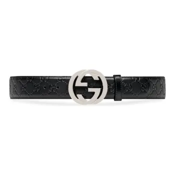 GUCCI Double G Printed Pattern Smooth Buckle Leather Belts Men's Black Width: 4cm