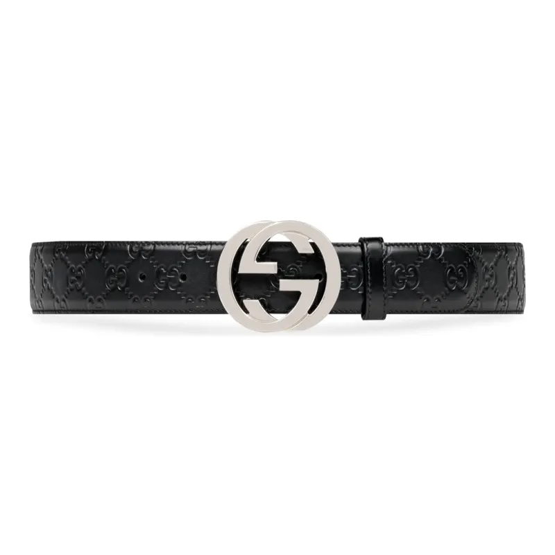 GUCCI Double G Printed Pattern Smooth Buckle Leather Belts Men's Black Width: 4cm-0
