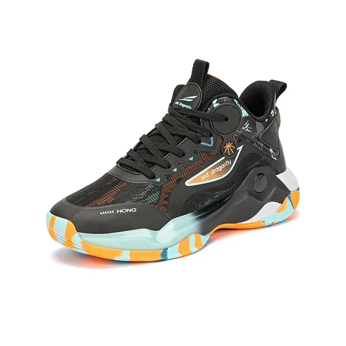 RED DRAGONFLY Basketball Shoes Men Mid Top Black Orange/Light Moon-1