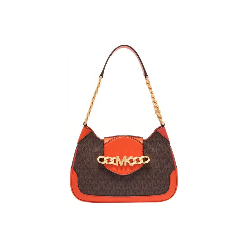 MICHAEL KORS Hally Cow Leather With Artificial Leather Handbag, Shoulder Bag Women's Dark Brown & Orange Red-0