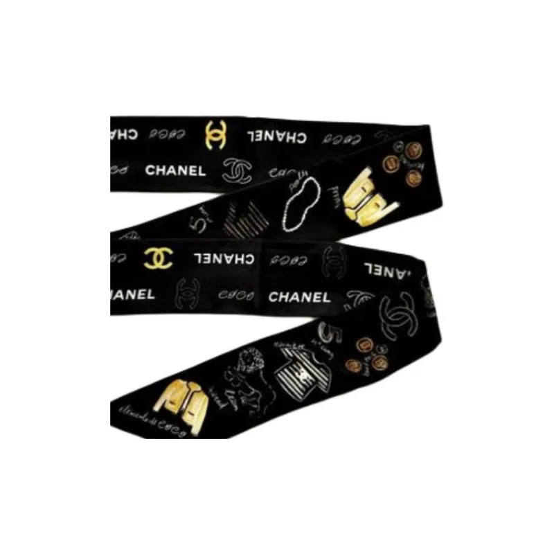 CHANEL Silk Scarves Unisex Black-2