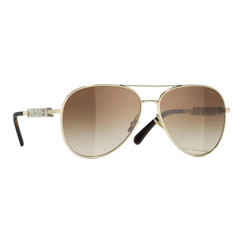 CHANEL Metal Zirconia Aviator Sunglasses Unisex Gold-2