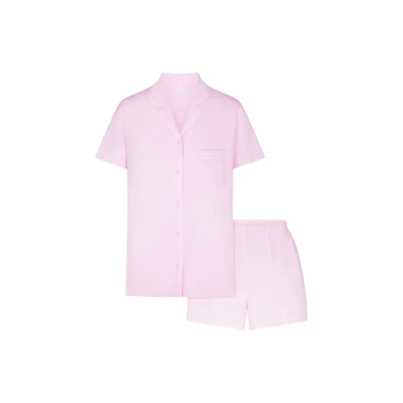 SKIMS SLEEP SHORT SLEEVE BUTTON UP SET Pajama Set Women's Cherry Blossom Marble Trim/Cherry Blossom Marble Decoration-0