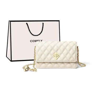 COMELY Cow Leather Patchwork Synthetic Leather Small Square Bag Chain Crossbody Bag Regular Women's White