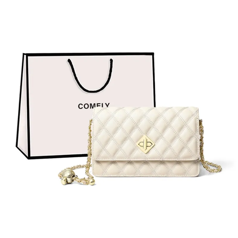 COMELY Cow Leather Patchwork Synthetic Leather Small Square Bag Chain Crossbody Bag Regular Women's White-0