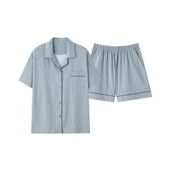 MIIOW Pajama Set Women's Blue Gray Vertical Stripes