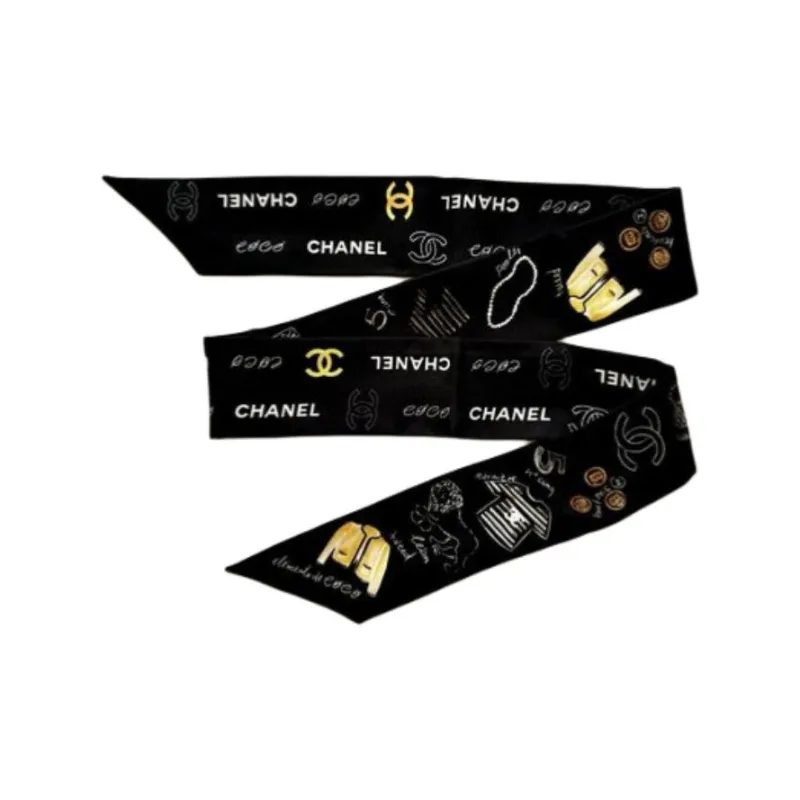 CHANEL Silk Scarves Unisex Black-1