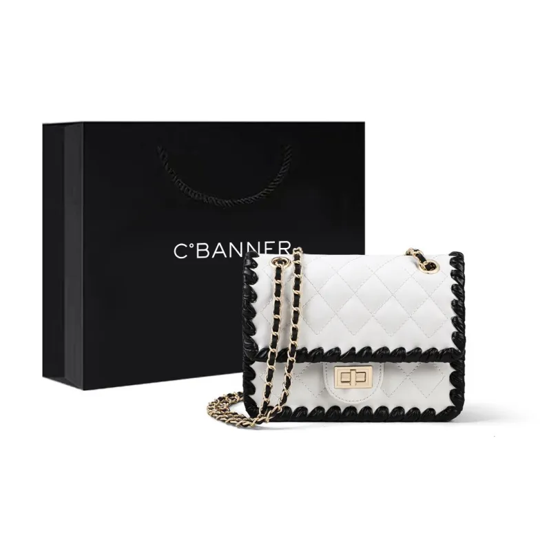 C°BANNER Cow Leather Small Square Bag With Diamond Pattern, Chain Bag, Crossbody Bag Regular Women's Black-19