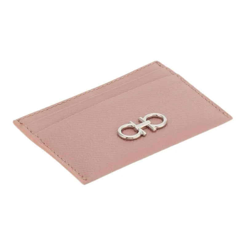 FERRAGAMO GANCINI Stamped Calfskin Card Holder Women's Blush Pink-2