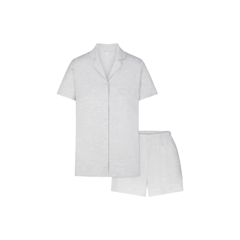 SKIMS SLEEP SHORT SLEEVE BUTTON UP SET Pajama Set Women's Light Heather Grey-0