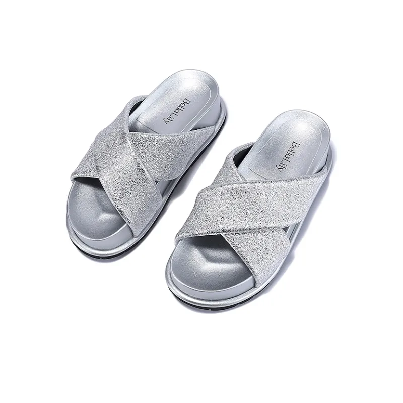 BELLALILY Slide Slippers Women's Silver Gold-3