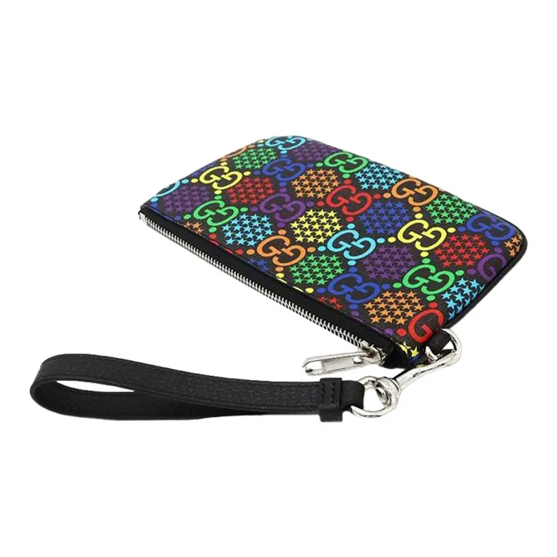 GUCCI Canvas With Leather Trim Wrist Bag Small Size Unisex Black & Multicolor-2