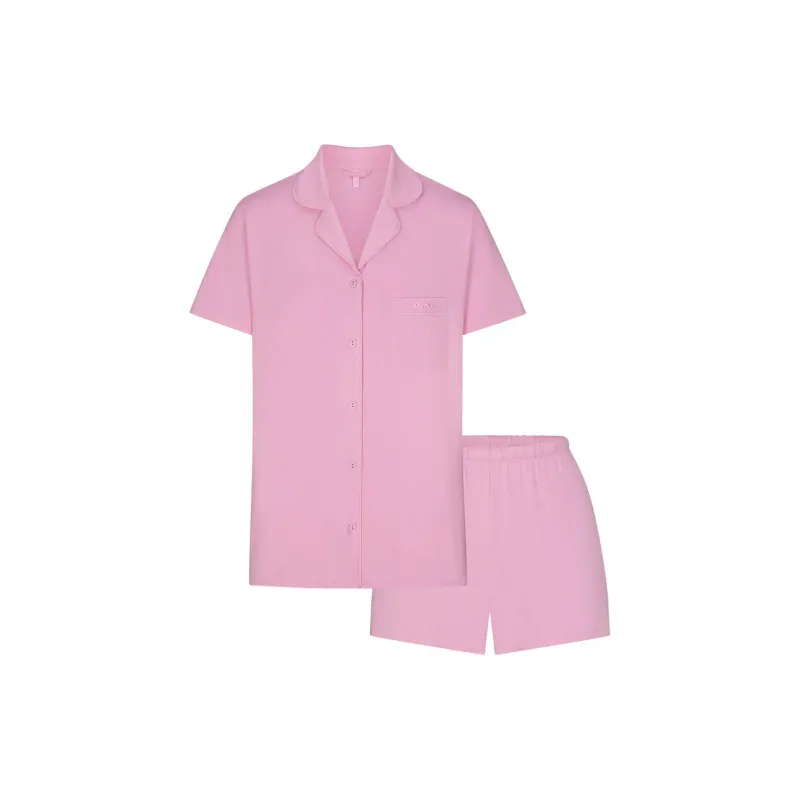 SKIMS SLEEP SHORT SLEEVE BUTTON UP SET Pajama Set Women's BUBBLE GUM/Bubble Gum-0