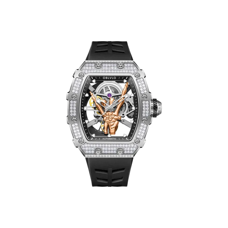 OBLVLO Automatic Mechanical Movement Eco-Friendly Fluoroelastomer Strap Watch Men's Watches Cut-Out Dial-0