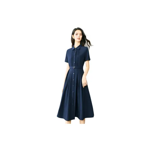 Late White Short-Sleeved Dresses Women's Dark Blue