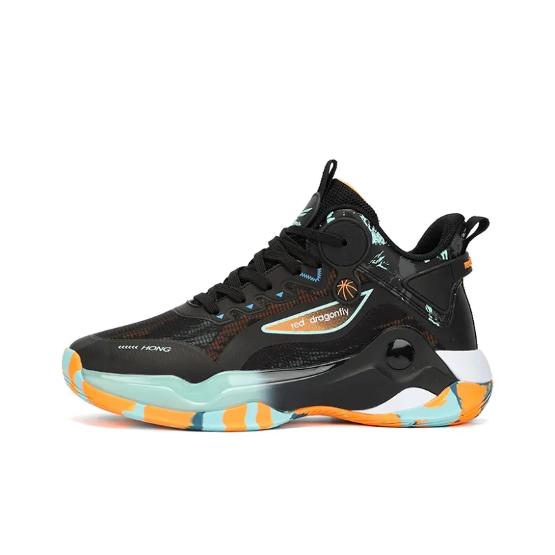 RED DRAGONFLY Basketball Shoes Men Mid Top Black Orange/Light Moon-0