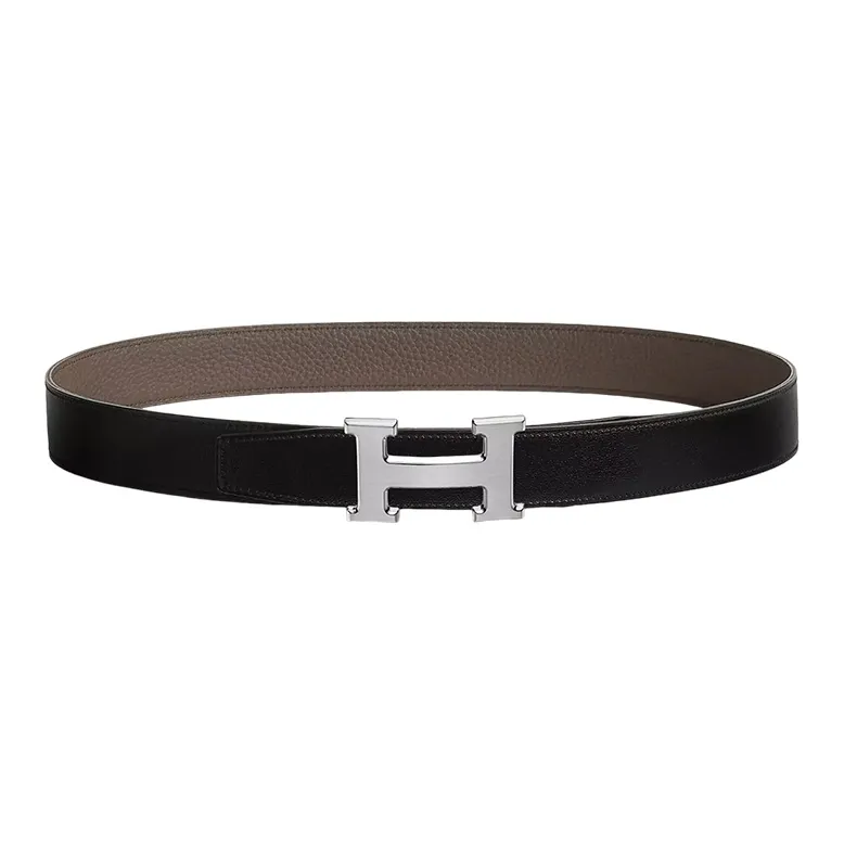 HERMES Calfskin Belt Men's Black/Tin Gray Width: 3.2cm-0