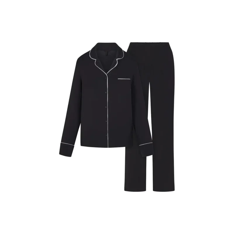 SKIMS SLEEP LONG SLEEVE BUTTON UP SET Pajama Set Women's Onyx Marble Trim/Agate Marble Decoration-0