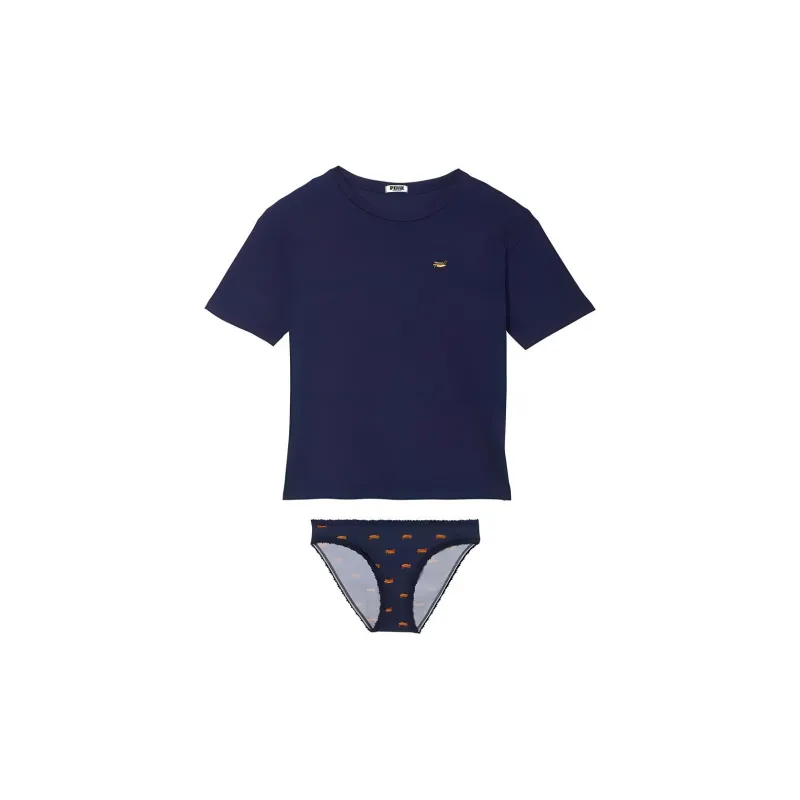 Victoria's Secret PINK COTTON TEE & PANTY SET Midnight Navy Hot Dogs Pajama Set Women's Marine Blue-0