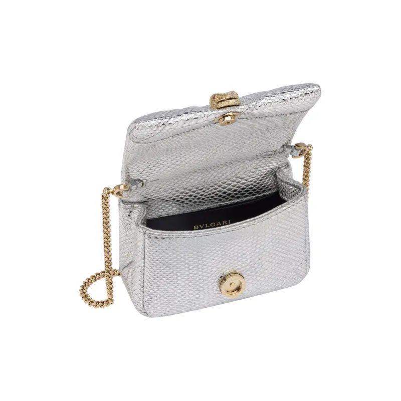 BVLGARI Serpenti Cabochon Water Snake Skin Shoulder Bag Crossbody Bag Mini Women's Silver-2