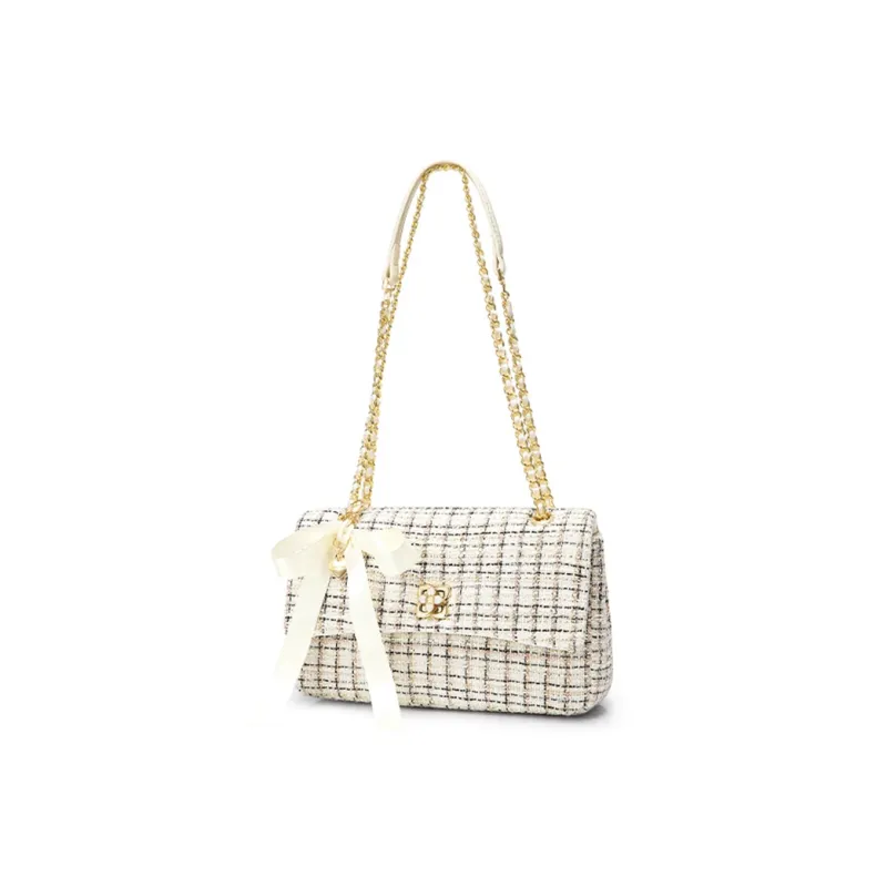 JUST STAR Tweed Shoulder Bag Women's White Black Blue-3