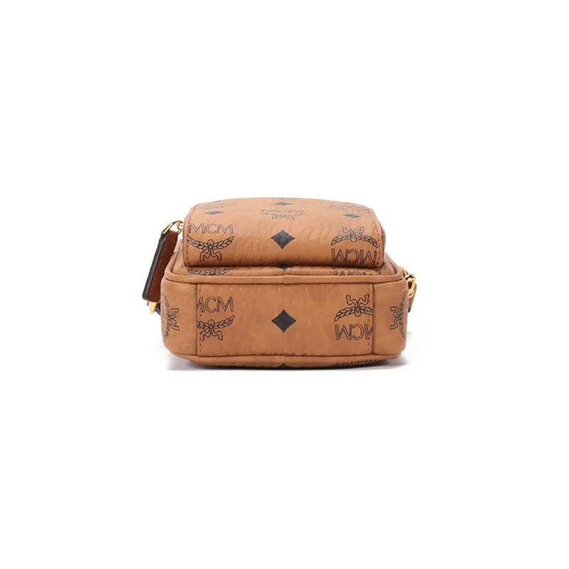 MCM Essential Visetos Origina Leather Cell Phone Pouch, Crossbody Bag, Shoulder Bag Mini Unisex Cognac-4