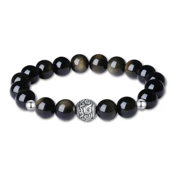 Eoro Obsidian 925 Sterling Silver Beaded Bracelet Men's