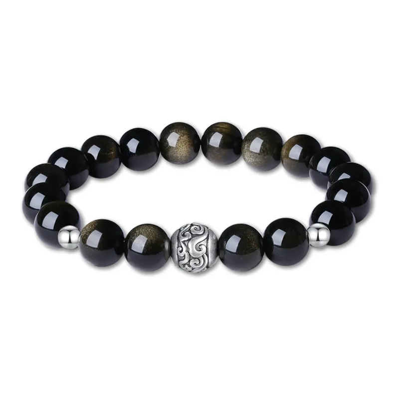 Eoro Obsidian 925 Sterling Silver Beaded Bracelet Men's-0