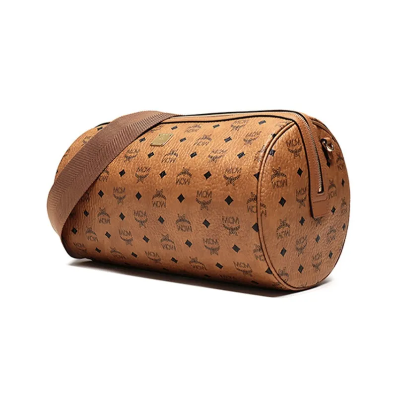 MCM Klassik Visetos Artificial Leather Cylinder Bag, Shoulder Bag, Crossbody Bag Unisex Brown-1