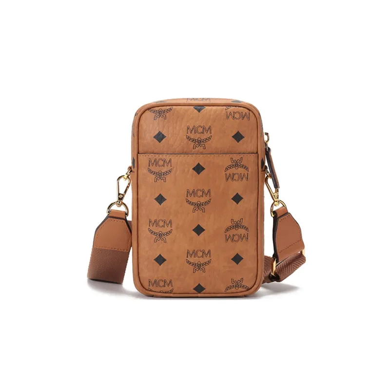 MCM Essential Visetos Origina Leather Cell Phone Pouch, Crossbody Bag, Shoulder Bag Mini Unisex Cognac-3