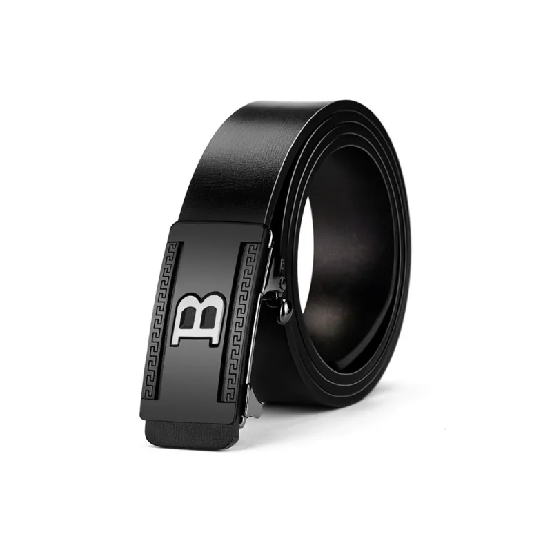 PISHUSHU Commute Versatile Cow Leather Automatic Belt Men's Black Gold Buckle With Silver Buckle Width 3.3cm-2