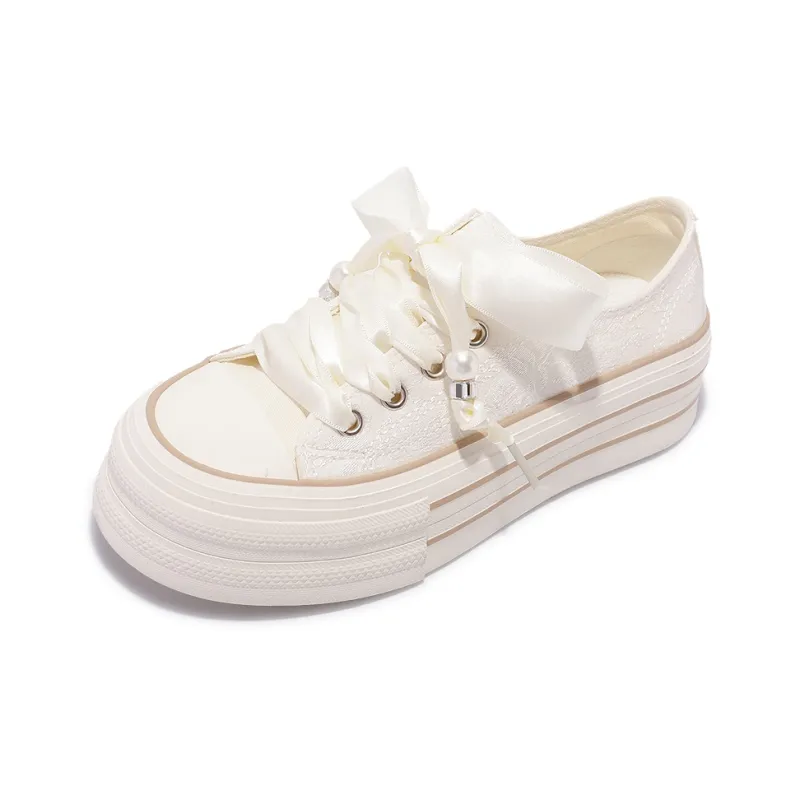 Miss Zhang Anti Slip And Wear Resistant Height Increasing Low Top Canvas Shoes Women's Beige-3