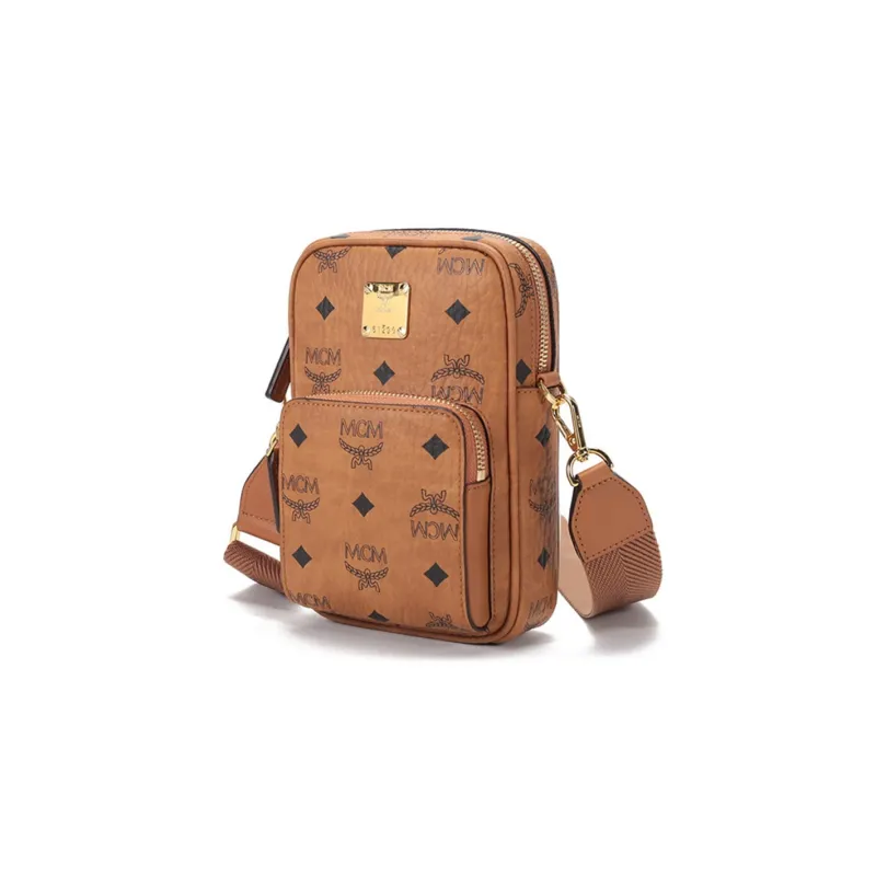 MCM Essential Visetos Origina Leather Cell Phone Pouch, Crossbody Bag, Shoulder Bag Mini Unisex Cognac-1