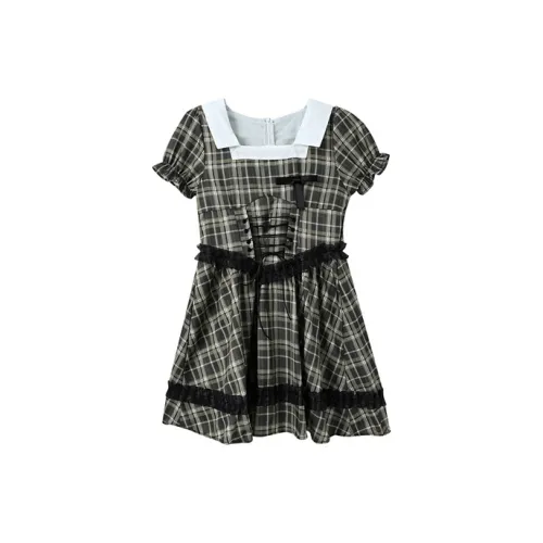 Adeworn Short-Sleeved Dresses Women's Black Check