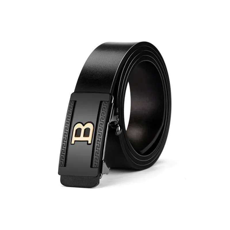 PISHUSHU Commute Versatile Cow Leather Automatic Belt Men's Black Gold Buckle With Silver Buckle Width 3.3cm-0