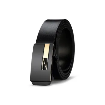 PISHUSHU Fashion Commute Automatic Buckle Cow Leather Leather Belts Men's Black Gold Buckle Width 3.3cm