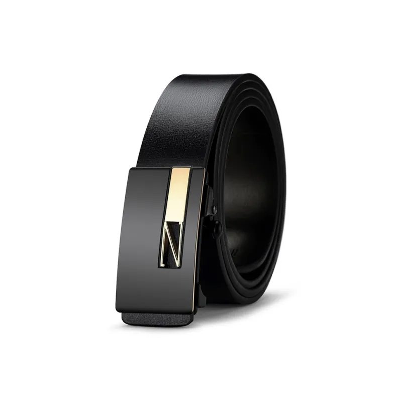 PISHUSHU Fashion Commute Automatic Buckle Cow Leather Leather Belts Men's Black Gold Buckle Width 3.3cm-0