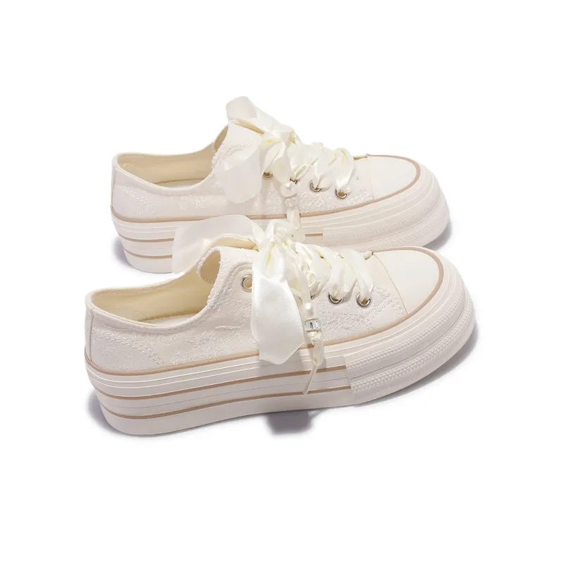 Miss Zhang Anti Slip And Wear Resistant Height Increasing Low Top Canvas Shoes Women's Beige-4