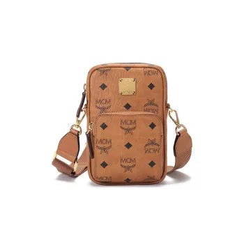 MCM Essential Visetos Origina Leather Cell Phone Pouch, Crossbody Bag, Shoulder Bag Mini Unisex Cognac