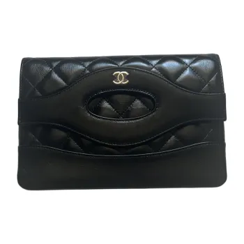 CHANEL Shiny Lambskin Clutch Women's Black