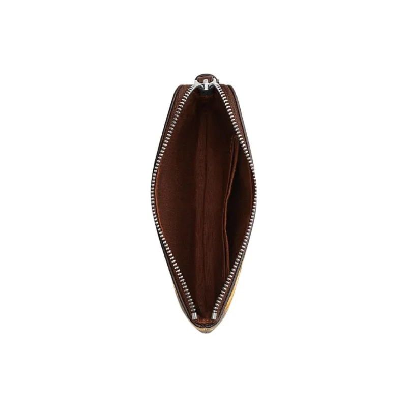 COACH Corner Zip Artificial Leather Clutch Small Size Unisex Khaki & Dark Saddle Brown-1